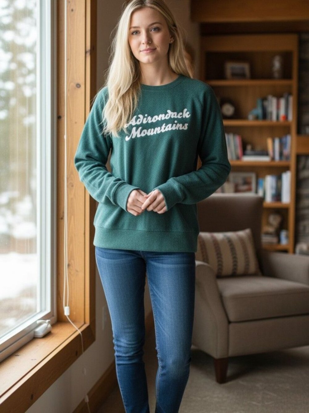 Valani Adirondack Mountains Green Pullover Boucle Sweatshirt Cabin Core, Camp Co
